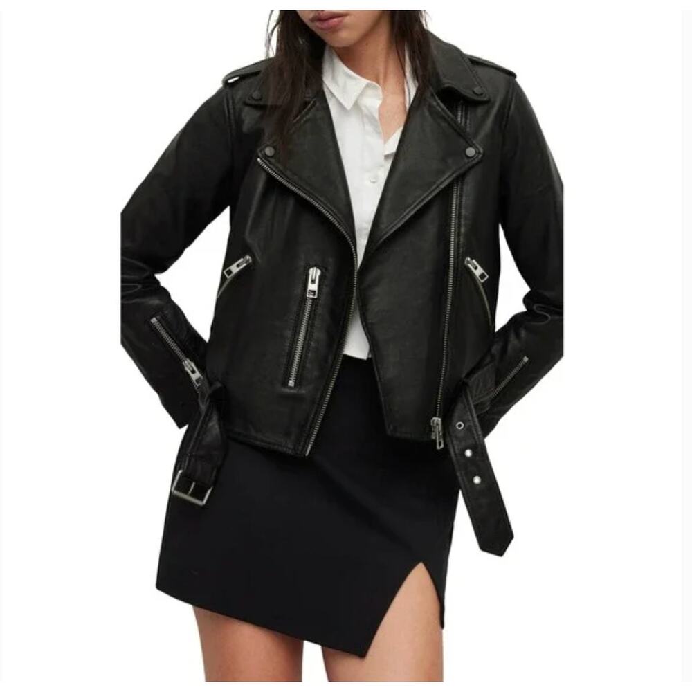 Allsaints Balfern Leather Asymmetrical Zip Biker Jacket Moto Edgy Black Size 10